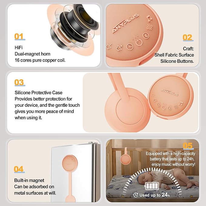 White Noise Sound Machine for Sleeping Adults & Baby, Portable Noise Machine with 24 Soothing Sounds, Bluetooth 5.1, Battery Powered, 3 Timer Settings, Memory Function for Home, Office, Travel(Orange)