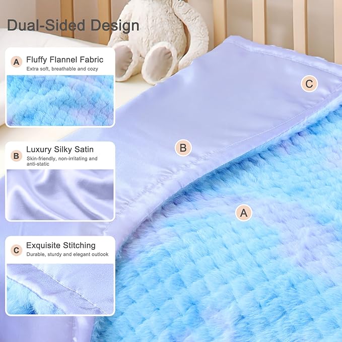 Baby Blanket for Boys Girls Reversible Fluffy Fuzzy Fleece & Skin-Firendly Silk Silky Backing, Cozy Soft Plush Blanket for Toddlers Swaddling, Stroller, Playtime Rainbow Blue 30 x 40 Inch
