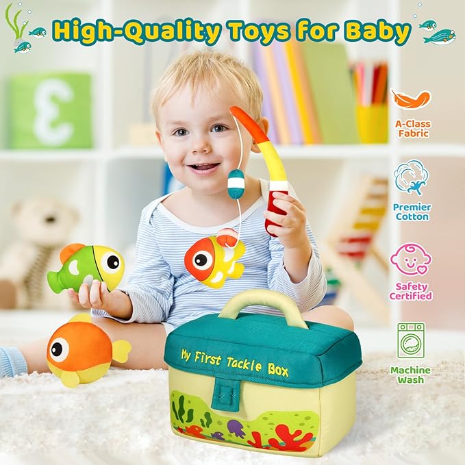 KMUYSL Baby Toys 0-3-6-9-12 Months, My First Tackle Box Plush Toys -4 Pcs Sensory Playset Soft Toys with Squeaker Crinkle for 0-12 Months Newborn Infant, Birthday for Boys Girls