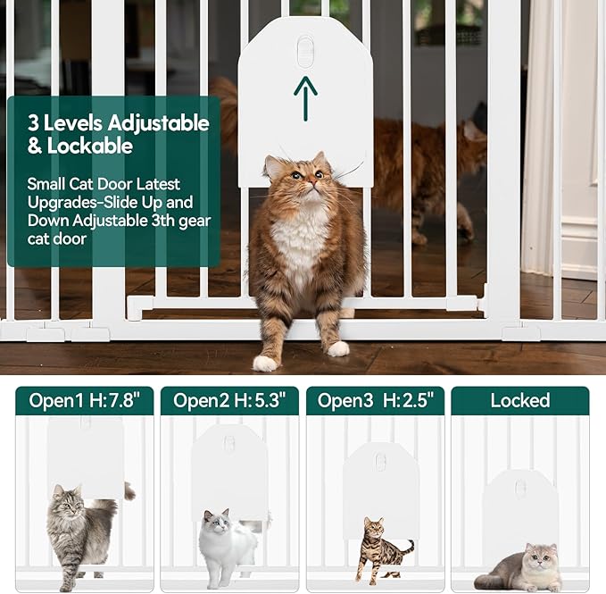 Babelio 36" Tall Auto Close Baby Gate with Small Cat Door, 29-43" Metal Cat Gate for Doorway, Stairs, House. Easy Walk Thru Dog Gate with pet Door, Includes 4 Wall Cups and 3 Extension Pieces, White