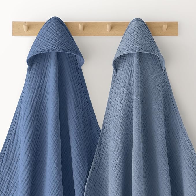 Looxii Baby Bath Towels 2 Pack Muslin Hooded Baby Towels for Newborn and Infants, 100% Cotton, Large 32x32Inch, Soft and Absorbent Gradient Blue