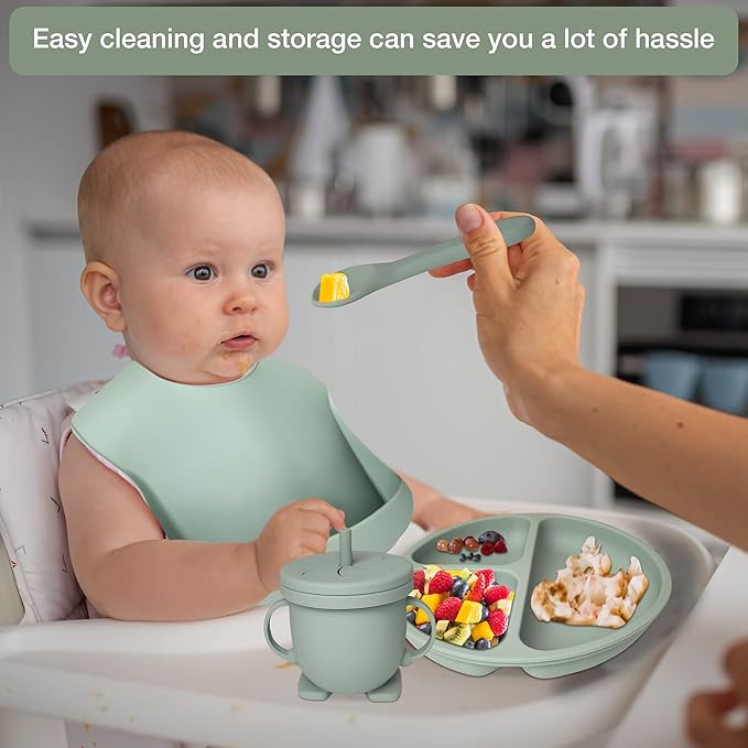 Baby Feeding Set 10-Piece | Baby Led Weaning Utensils Set Includes Suction Bowl and Plate, Baby Spoon and Fork, Sippy Cup, Straw, Lid & 2Bibs | Baby Feeding Supplies (Army Green)