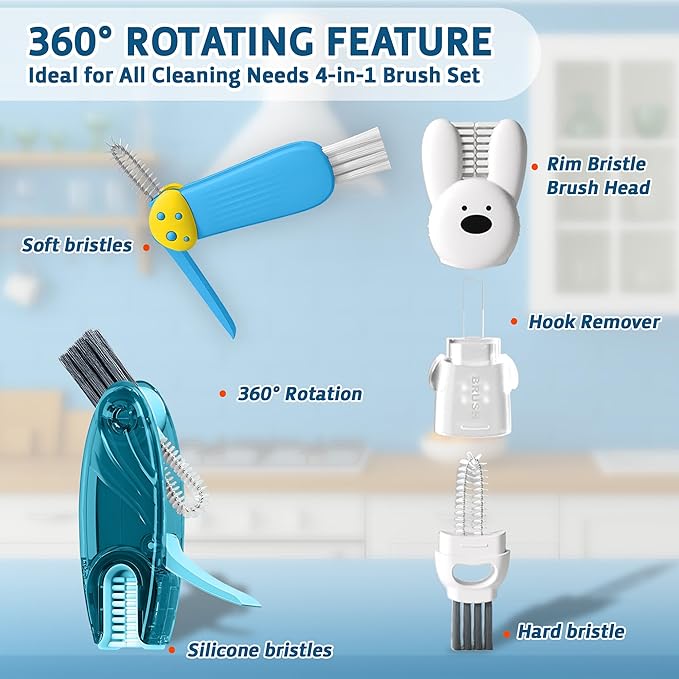 Cup Lid Cleaning Brush, Multifunctional Set with 3 in 1 Lid Cleaner and Two 4 in 1 Cup Lid Cleaning Brushes, Cleaning Brush Tool for Bottles, Straws, Tumblers, Travel Mug Caps, Portable Kit (Blue)