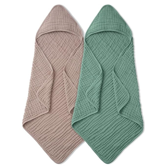 Blissful Diary Muslin Baby Hooded Towel 2 Pack, Soft & Absorbent Bath Towel for Infant, Toddler, Baby Gift, Newborn Essentials, Roman Green & Sand