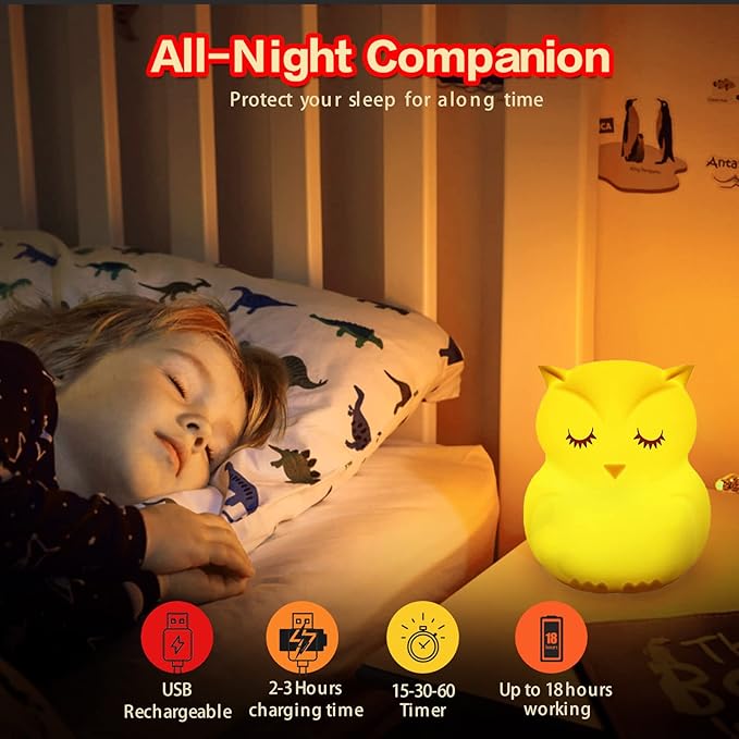 WHA&DARREN Large Owl Night Light for Kids,Cute Baby Night Light, Silicone Bedside Lamp, Sleep Lights, Eye Caring, Adjustable Brightness & Color, Time Setting, Touch+Remote Control