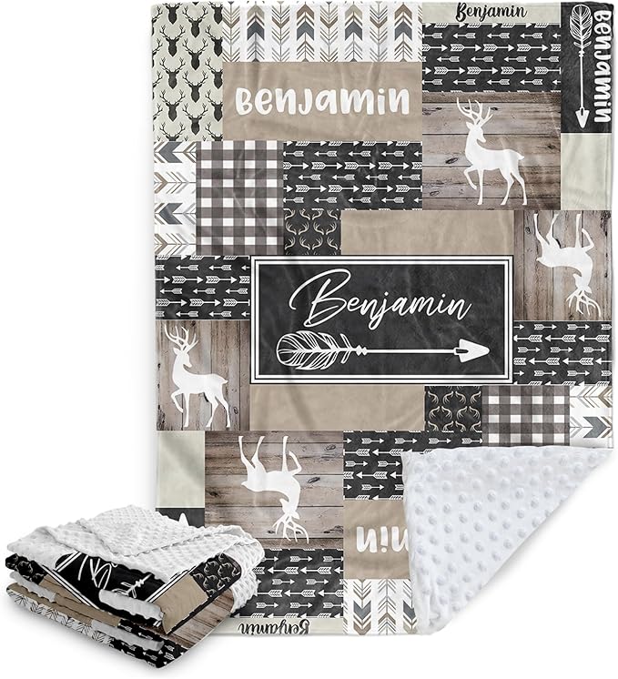 Custom Baby Blanket, Personalized Name Baby Blanket for Boys Girls, Woodland Deer Double Layer Dotted Backing Receiving Swaddle Blankets, Nursery Newborns New Parents Customized Gifts(47"x60")