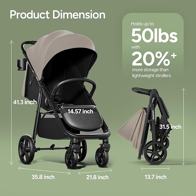 Mompush Nova Baby Stroller for Toddler, Infant & Newborn | Spacious Seat & Lie-Flat Mode | Compact One-Hand Fold, UPF 50+ Canopy & All-Wheel Suspension | Includes Rain Cover & Cup Holder, Khaki