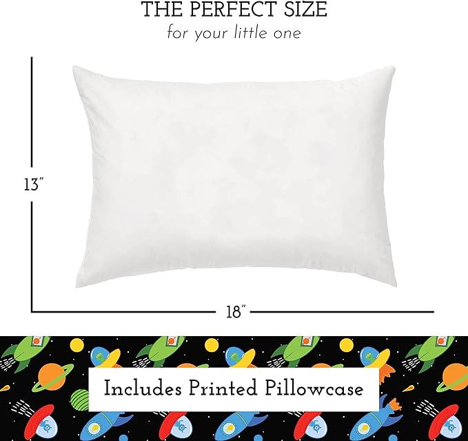 Little Sleepy Head Toddler Pillow with Pillowcase 13x18 - Kids Pillow for Sleeping - Better Neck Support Ergonomic Pillow and Toddler Pillowcase - Best Pillows for Kids (Space 'N Rockets)
