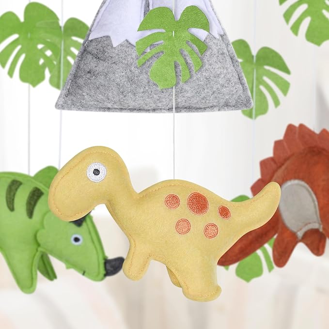 CLYMENE Dinosaur Baby Mobile for Crib | Baby Nursery Dinosaur Mobile | Gender Neutral Baby Stuff for Dinosaur Theme Nursery | Handmade Felt Hanging Dino and Mountain Room Decor for Boys & Girls
