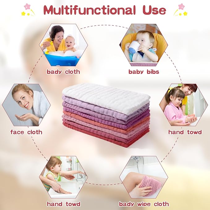 8 Packs Muslin Burp Cloths 6 Layers Unisex Baby Items Absorbent Burp Rags Colorful Muslin Washcloths for Baby Plain Soft Cotton Cloth for Babies Girls Boys, 10 x 20 Inch (Vivid Colors)