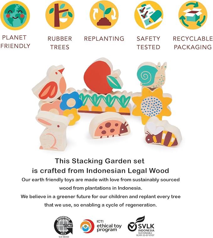 Mentari Toys - Happy Stacking Garden - 9 Wooden Nature Theme Pieces Stacking Toy - Boost Fine Motor Skills and Dexterity - Age 18 Months+