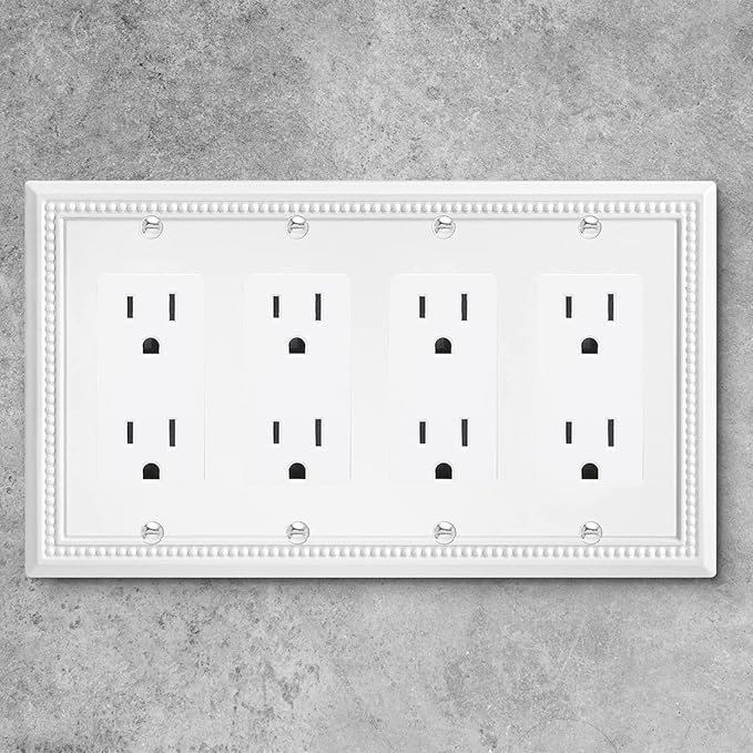 Henne Bery Sunken Pearls Heavy Duty Decorative Wall Plate Switch Plate Outlet Cover (Quad Decorator, White)