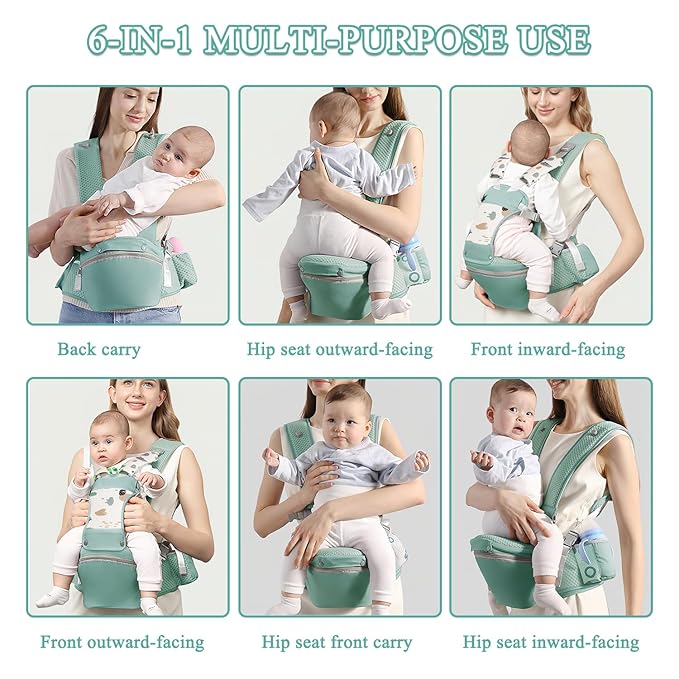 Baby Carrier with Hip Seat for Newborn to Toddler, 6-in-1 Ergonomic Infant Carrier for 0-36 Month Baby, All Positions Soft Breathable Mesh Wrap Carrier with Waist Stool, Baby Holder-Green Print