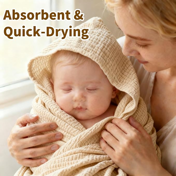 Organic Muslin Hooded Baby Bath Towels - 2 Pack 100% Organic Cotton Towel for Babies, Infants, Toddlers - 32x32Inch - Highly Absorbent and Newborn Essential(Brown Grey)