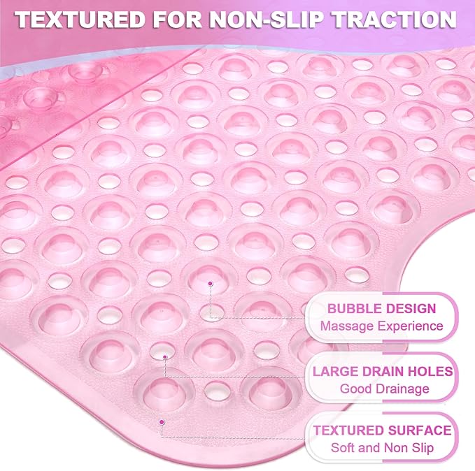 Linoows Bathtub and Shower Mats, 40x16 Inch Extra Large Non Slip Soft Bath Tub Mat with Suction Cups and Drain Holes for Bathroom Floor and Keep Tubs Clean, Machine Washable, Clear Pink