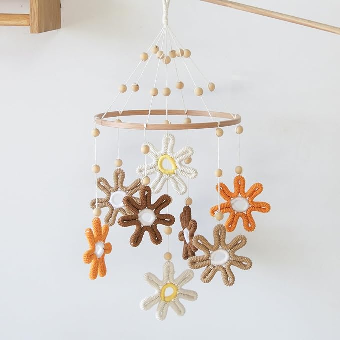 Woven Daisy Crib Mobile for Girls Boys, Daisy Mobile for Crib Boho Baby Mobile Daisy Flower Mobile for Crib Girl