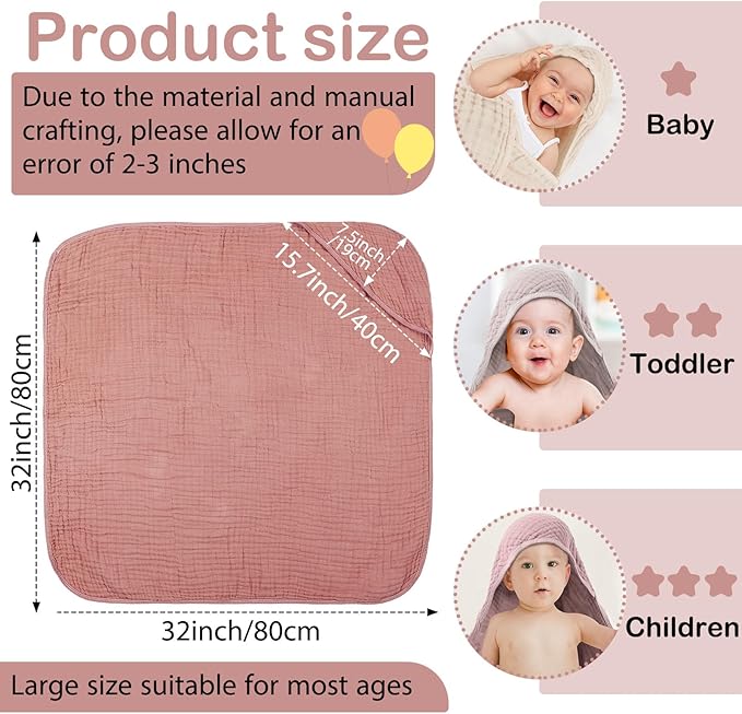 Peryiter 4 Pcs Muslin Hooded Baby Towels, 32"x 32" Cotton Newborn Bath Towel Muslin Infant Baby Blankets Absorbent Unisex Christmas Registry Gift Essentials for Girls Boys (Beige Series)