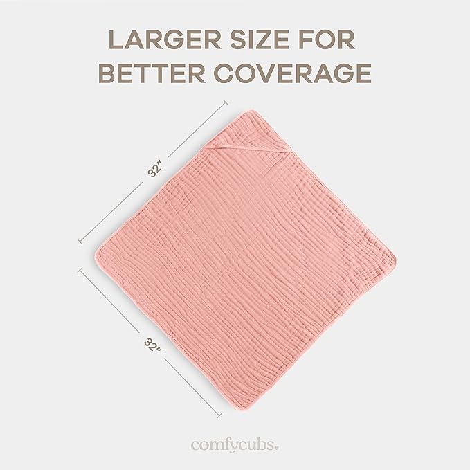 Comfy Cubs Hooded Baby Towel 1-Pack, Large 32 x 32 Inch - 6 Layer 100% Muslin Cotton for Babies, Toddlers and Kids - Soft & Absorbent Baby Bath Towels - Unisex Design for Bath Time - Bold Blush