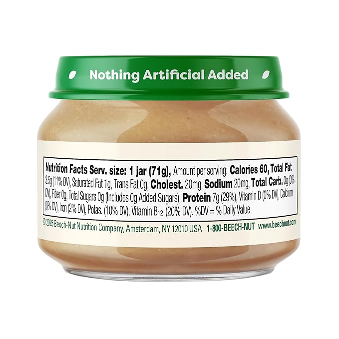 Beech-Nut Meat Baby Food Jars, Chicken & Chicken Broth Puree, 7g Protein, Stage 1 Baby Food for Babies 4 Months and Up, 2.5oz Glass Jars, 10ct