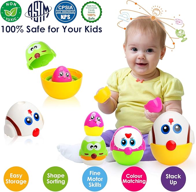 Easter Egg Toys for Toddler, 8 Pcs Nesting & Stacking Chicks Matching Toys, Plastic Eggs Fillable, Easter Basket Stuffers, Gift for Unisex 18 months+