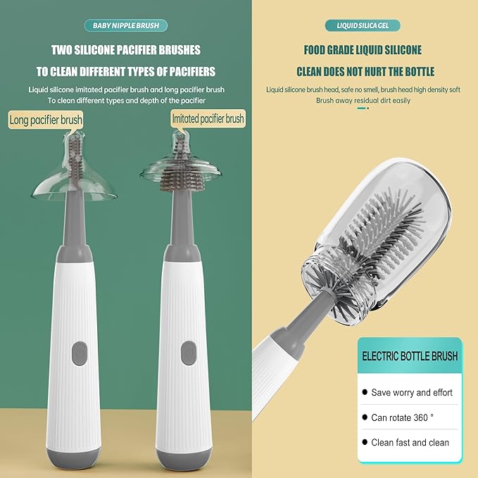 Electric Bottle Brush Set with Baby Bottle Brush 4-Piece,Bottle Brush,Nipple Brush,Straw Brush and Extension Handle,USB Rechargeable,Gift for Pregnant Women and New Moms (Grey)