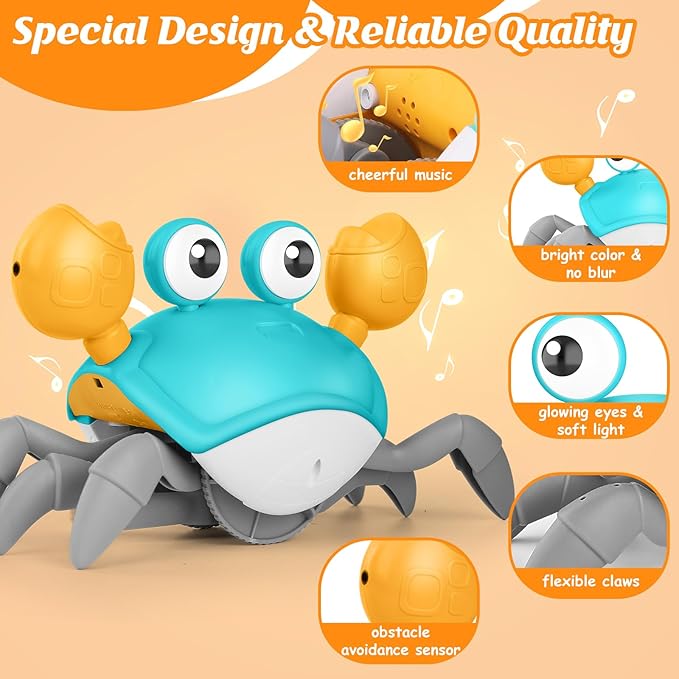 Crawling Crab Baby Toy, Upgraded Tummy Time Gifts for Newborn Babies 3-6 6-12 Month, Light-Up Walking Dancing Moving Crab with Music & Obstacle Avoidance, Rechargeable Sensory Development Toy (Green)