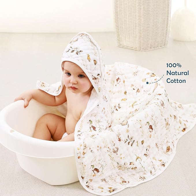 GRSSDER Ultra Soft Absorbent Muslin Cotton Baby Hooded Towel 2 Pack with Original Patterns, Extra Large Size 35"x 35" Swaddle Wrap for Newborn Infant and Toddler