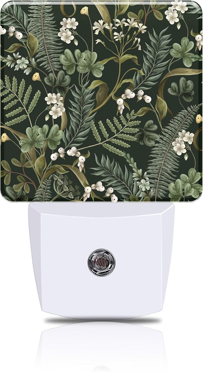 Botanical White Flowers Berries and Green Leaves Night Light, Plug-in Nightlight with Dusk to Dawn Auto Sensor for Home Bedroom Hallway Kitchen 0.5W Sleep Friendly Led Lamp for Women Men