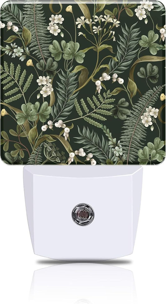 Botanical White Flowers Berries and Green Leaves Night Light, Plug-in Nightlight with Dusk to Dawn Auto Sensor for Home Bedroom Hallway Kitchen 0.5W Sleep Friendly Led Lamp for Women Men