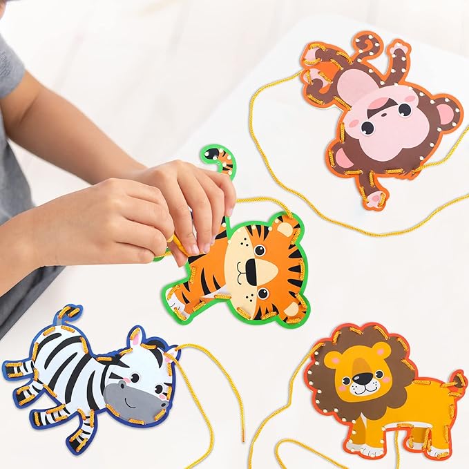 10 Pieces Kids Jungle Animal Lacing Cards Safari Animal Sewing Cards Thick Cardboard Double Sided Lacing Playing Games for Children Toddler Developing Imagination Education Supplies (Jungle Style)