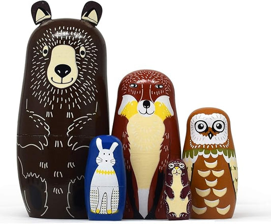 Tphon Russian Nesting Dolls Bear Wooden Matryoshka Dolls for Kids Handmade Cute Cartoon Animals Pattern Nesting Doll Toy Stacking Doll Set of 5