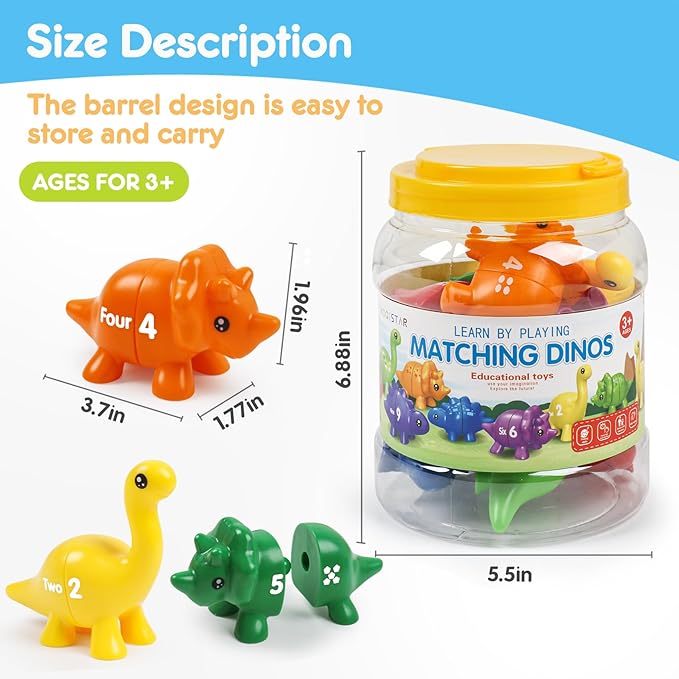 USATDD Numbers Matching Dinosaur Toy 1-10 Counting Sorting Game Double-Sided Dino Fine Motor Toys Number Recognition Learning Toy, Christmas Stocking Stuffers for for Kids Boys Girls