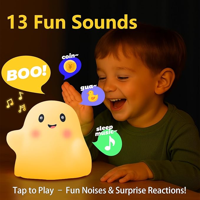 Ghost Night Light for Kids – Gift & Fun Toy for Kids, Touch Tap Lamp with Sounds, Squishy Silicone, Eye-Safe LED, 30-Min Timer, Dimmable Rechargeable Bedside Table Lamp – Gift for Boys & Girls
