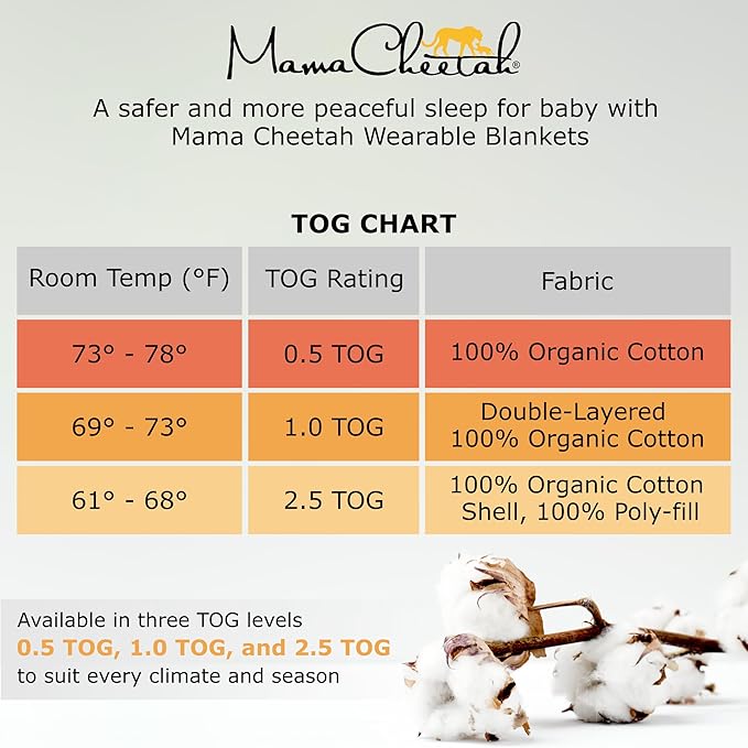 Mama Cheetah Baby Sleep Sack 2.5 TOG, Winter Baby Sleeping Bag with 2-Way Zipper, Organic Cotton Swaddle Transition Wearable Blanket for Boy Girl Infant Toddler, 18-24 Months, 1-Pack