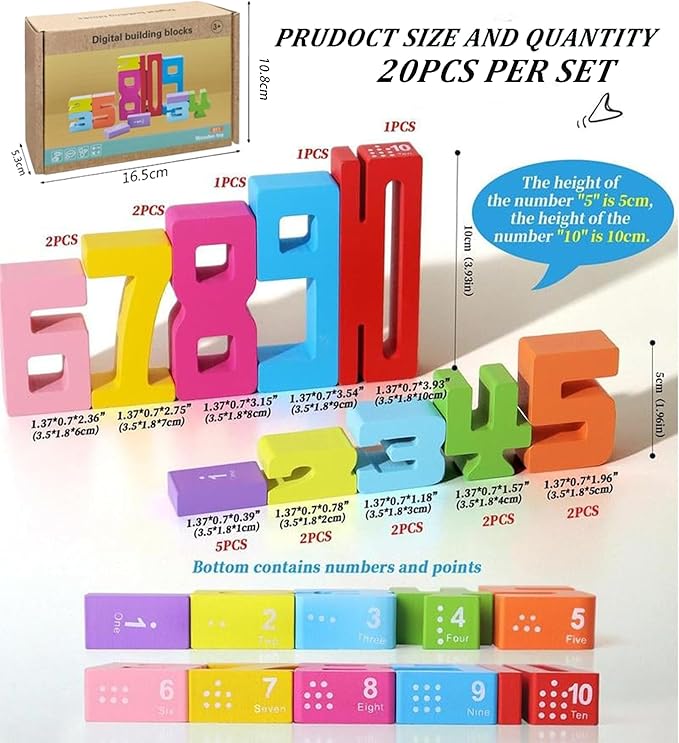 Wooden Number Building Blocks -20PC,Digital Building Blocks,Stacking 1-10 Number BlocksToy for Kids,Balance Competition Game, Math Learning Educational Gift for 3+ Years Old Boys Girls
