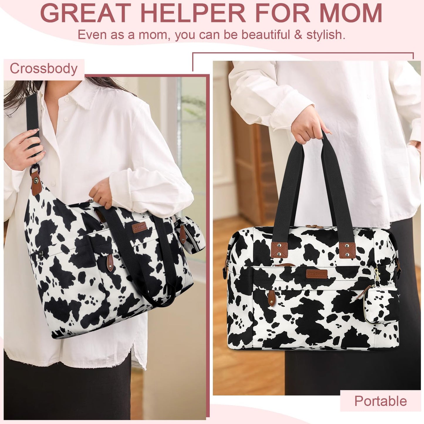 Diaper Tote - Baby Bag with Pacifier Case, Shoulder Straps, Stroller Clips, Waterproof Large Mommy Maternity Travel Bag for Mom and Dad, Cow Print