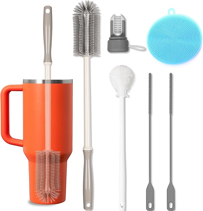 15.7" Silicone Bottle Brush Set - 6 Pack Water Bottle and Straw Cleaner Brush Long Handle for Hydro Flasks, Sports Bottles & Reusable Straw, Narrow Neck Containers, Tumblers, Glassware