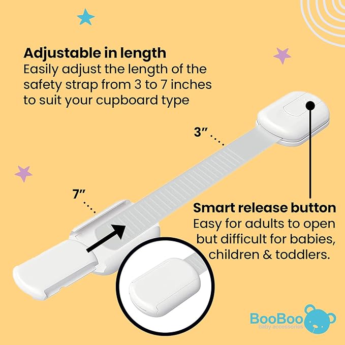 Booboo® (4 Pack) Child Proof Refrigerator Lock Fridge Door Locks | Baby Proof Your Cabinet Drawers, Dishwasher, Garbage Trash Can & Cupboards with 3M Adhesive Locks| Easy Installation No Tools Needed