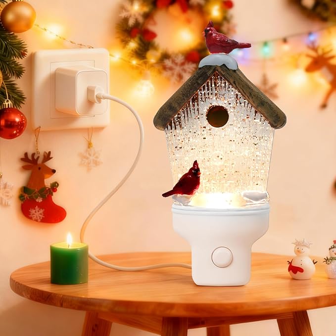 Christmas Night Light Plug into Wall Swirling Glitter USB Portable Christmas Decorative Night Light Decoration for Kids Adults Bedroom Kitchen Living Room Holiday Decor (Bird House)