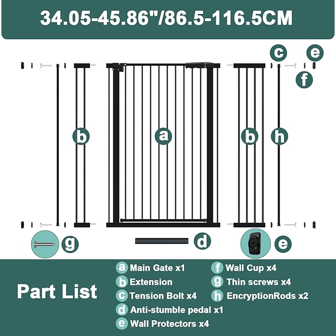 40.55" Tall 1.37" Ultra Narrow Spacing Dogs Pets Baby Gate for Doorway Safety Proof Indoor 34.05-45.86" Extra Wide Puppy Pressure Mounted No Drill Walk Through Black Metal Hallway
