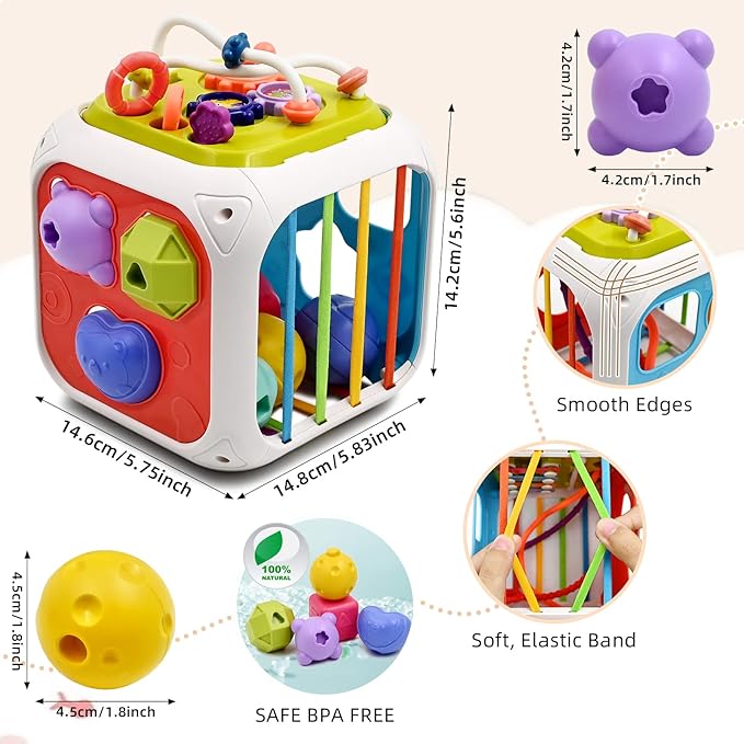 AiTuiTui Multifunction Baby Sensory Montessori Activity Cube Toys, Shape Sorter Early Learning Educational Interactive Toys for Infant Toddlers Boy Girl, Birthday Gifts Christmas Stocking Stuffers