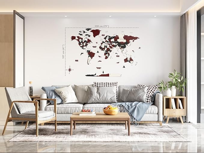 Colorfull Worlds 3D Wooden World Wall Art | Unique Wall Decor with Pins for Travel Enthusiasts | Home and Office Wall Décor | Burgundy | XLarge