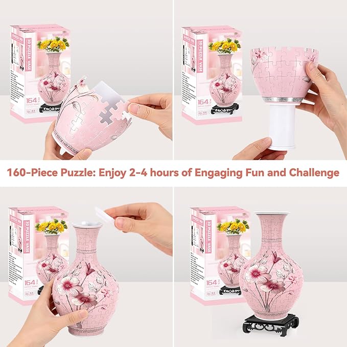 3D Puzzles Vase for Adults, Crafts for Adults, 164 Pieces Plastic DIY Unique Flower Vase with LED Light House Warming Gift Birthday Gifts for Flower Arrangements and Home Decor (Pink)