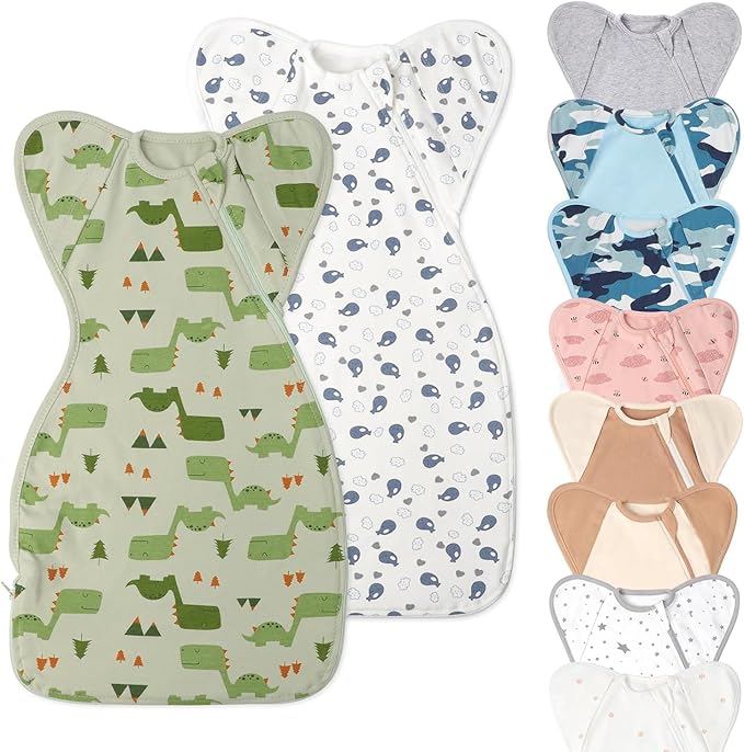 Premium Soft Cotton Swaddle Blanket Sleep Sack Arms Up Design 2 Packs 3-6 Months, Hands Up 3-Way Transitions to Arms-Free Wearable Sleeping Sack Bag for Baby Boys Girls Snug Fit Calms Startle Reflex