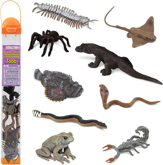 Safari Ltd. Venomous Creatures TOOB - 9 Figurines: Toad, Snake, Ray, Komodo Dragon, Tarantula, Centipede, Scorpion, Stone Fish, Cobra - Educational Toy Figures For Boys, Girls & Kids Ages 3+