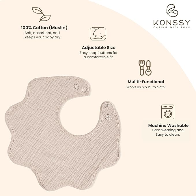 Konssy Muslin Baby Bibs 100% Cotton Absorbent Bandana Drool Bibs for Teething and Drooling, 6-Pack for Baby Boys & Girls