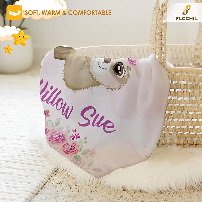 FLOCHIL Personalized Baby Blanket - Custom Baby Blanket with Name for Girls, Newborn Sloth Plush Fleece (30x40)