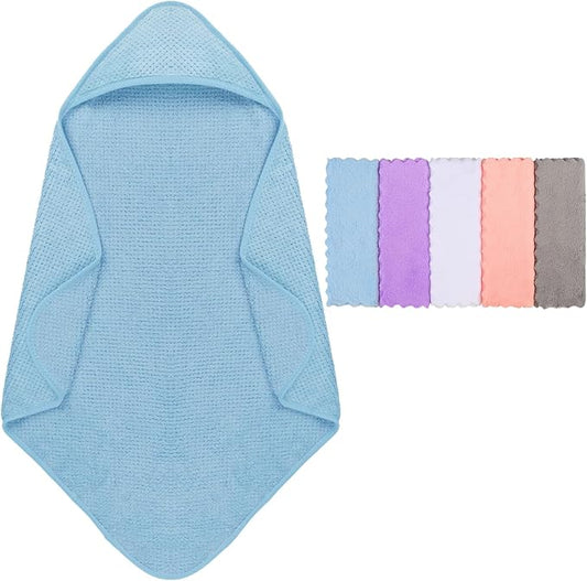 Orighty Baby Hooded Towel with Five Washcloths, 28 x 28 Inch Super Soft Bath Towel with Hood for Babies, Infant, Newborn Essential - Ideal Baby Stuff Registry for Boys and Girls (Blue)