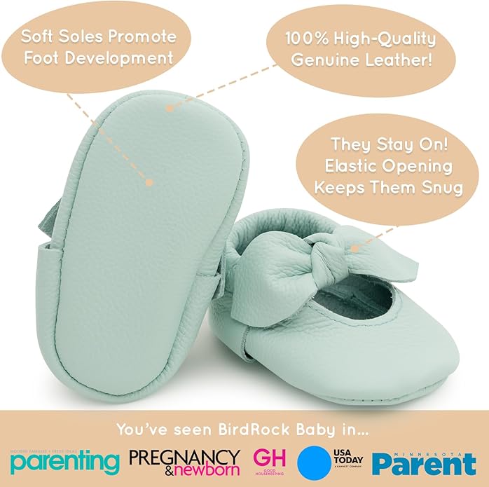 BirdRock Baby Bow and Knot Moccasins - Genuine Leather Baby Girl Shoes