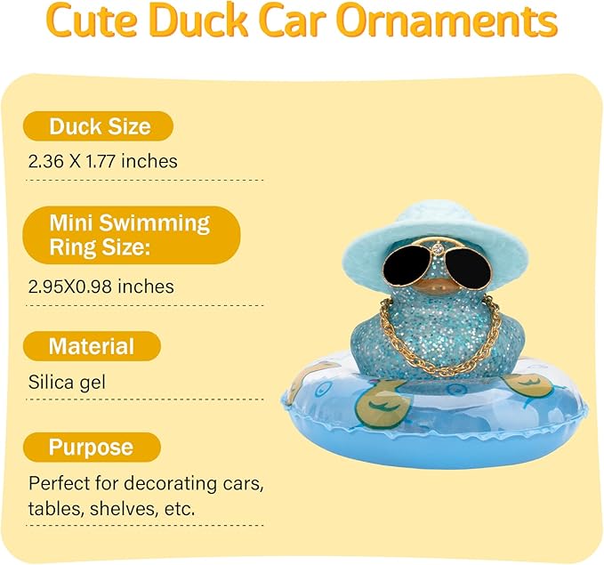 wonuu 2Pcs Car Dashboard Decorations Color Ducks, Rubber Duck for Car Ornament Accessories with Mini Hat Sunglasses Necklace and Swim Ring, B_Blue Duck+Blue Sun Hat&Blue Sun Hat